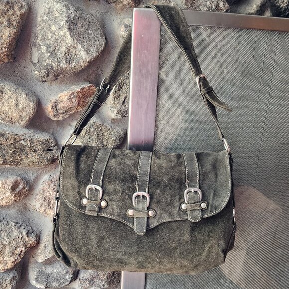 Abaco Paris Green Suede Flap-Over Shoulder Bag - Picture 6 of 16